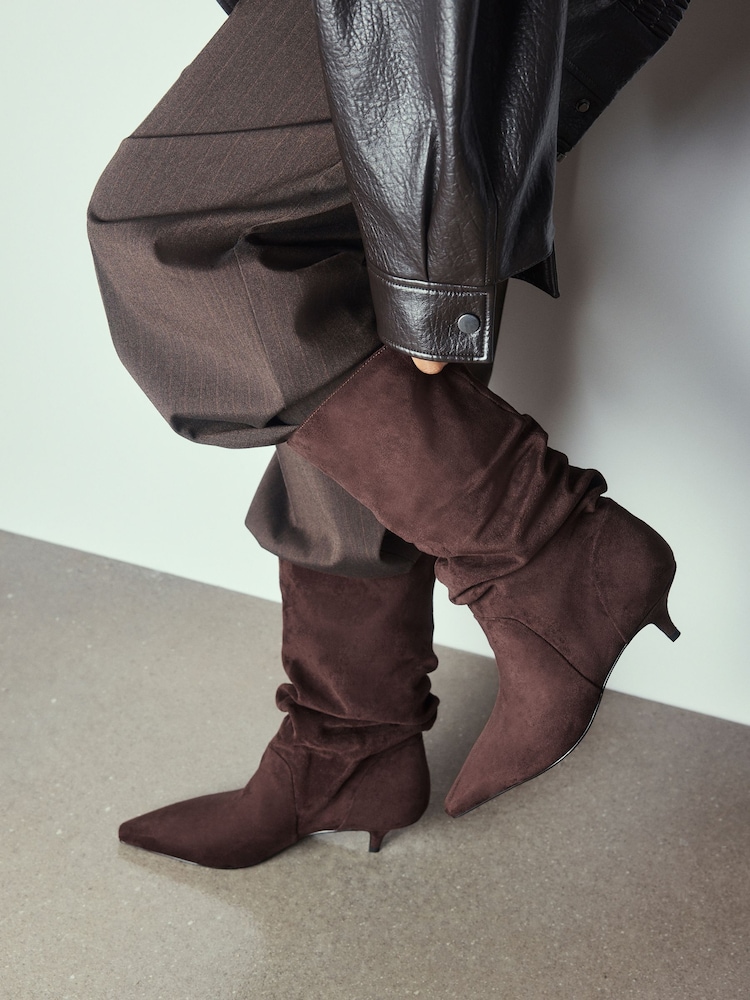 Chocolate Brown Extra Wide Fit Forever Comfort® Slouch Pointed Toe Kitten Heel Boots - Image 1 of 12