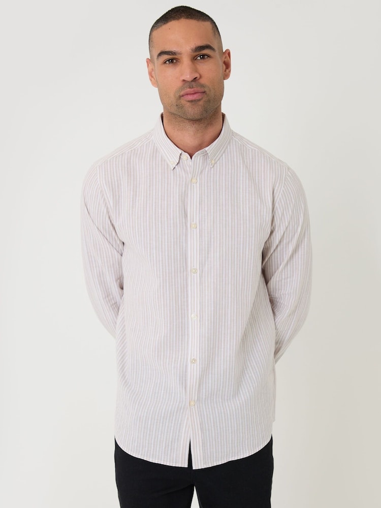 Threadbare Stone Stripe Linen Long Sleeve Shirt - Image 2 of 6 Threadbare Stone Stripe Linen Long Sleeve Shirt - Image 2 of 6