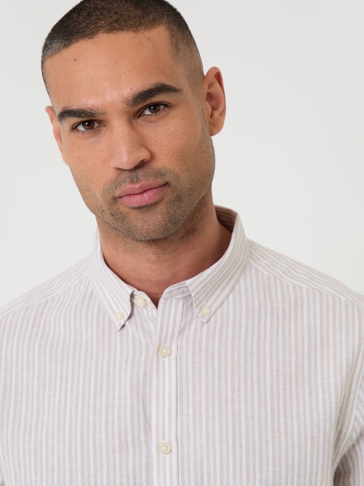 Threadbare Stone Stripe Linen Long Sleeve Shirt - Image 5 of 5