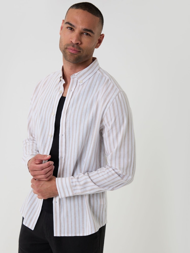 Threadbare Natural Stripe Linen Long Sleeve Shirt - Image 1 of 4