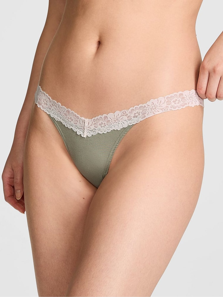 Victoria's Secret PINK Slate Green Thong Cotton Heather Lace Trim Knickers - Image 1 of 2