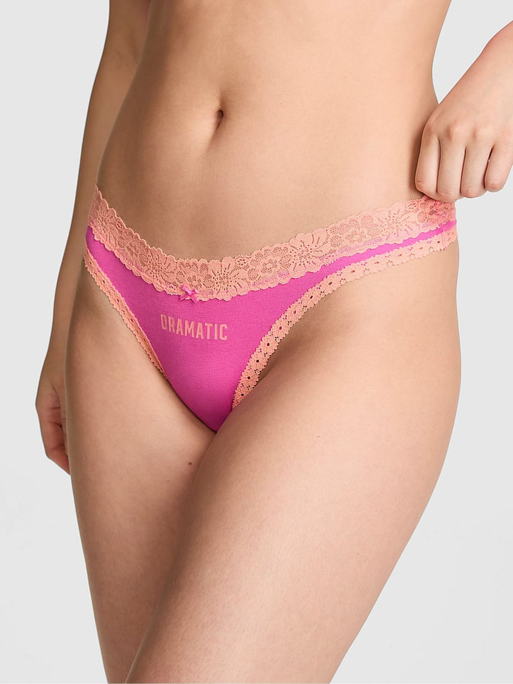 Victoria's Secret PINK Sizzling Strawberry Pink Thong Cotton Lace Trim Knickers