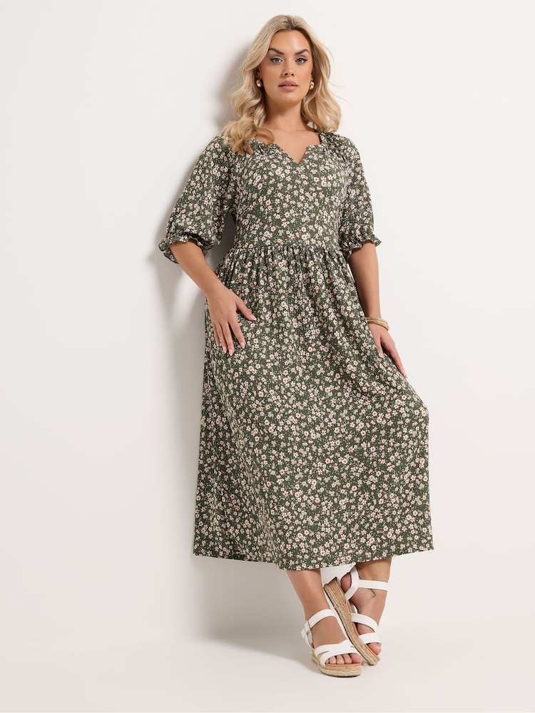 Yours Curve Green Notch Neck Tiered Dress - Image 1 of 5 Yours Curve Green Notch Neck Tiered Dress - Image 1 of 5