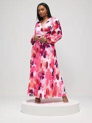 Yours Curve Pink London Long Sleeve Pleated Maxi Dress - Image 1 of 5