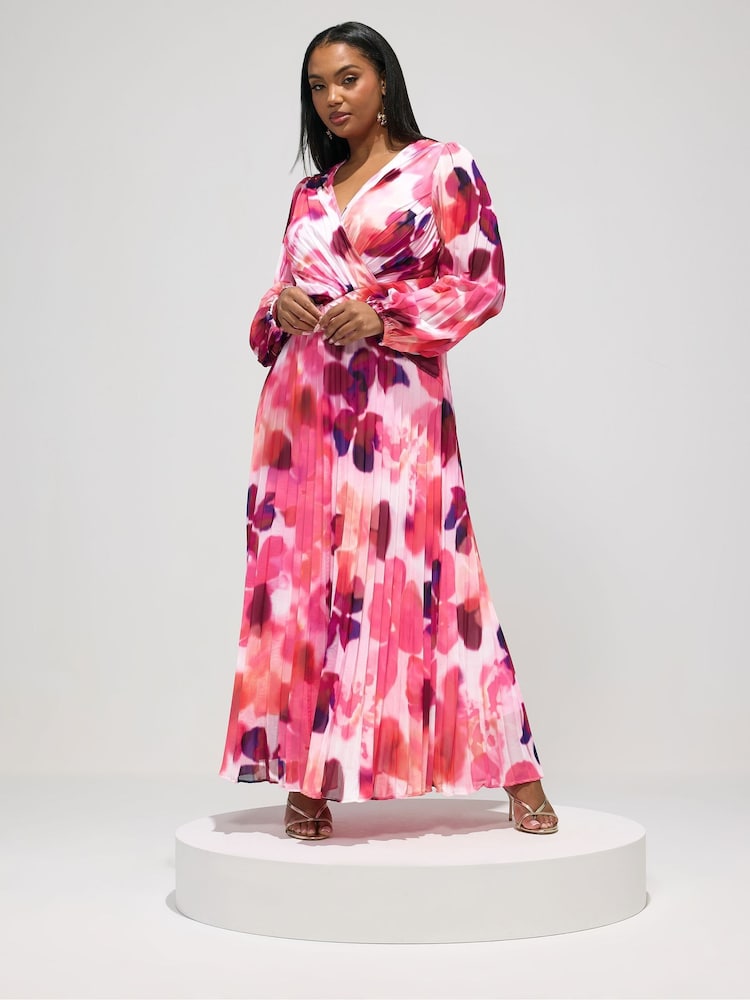 Yours Curve Pink London Long Sleeve Pleated Maxi Dress - Image 1 of 5