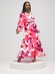 Yours Curve Pink London Long Sleeve Pleated Maxi Dress - Image 2 of 5