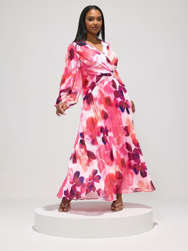 Yours Curve Pink London Long Sleeve Pleated Maxi Dress - Image 2 of 5