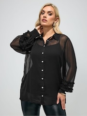 Yours Curve Black London Ruffle Shirred Cuffed Shirt - Image 1 of 4