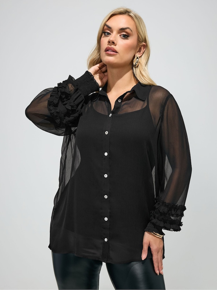 Yours Curve Black London Ruffle Shirred Cuffed Shirt - Image 1 of 4