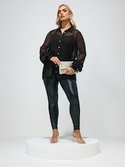 Yours Curve Black London Ruffle Shirred Cuffed Shirt - Image 2 of 4