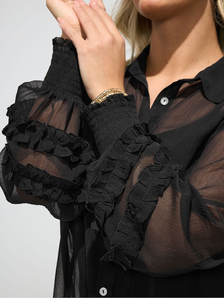 Yours Curve Black London Ruffle Shirred Cuffed Shirt - Image 4 of 4