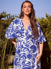 ブルー - Yours Curve London Linen Look Kimono Maxi Wrap Dress - 画像 2 / 4