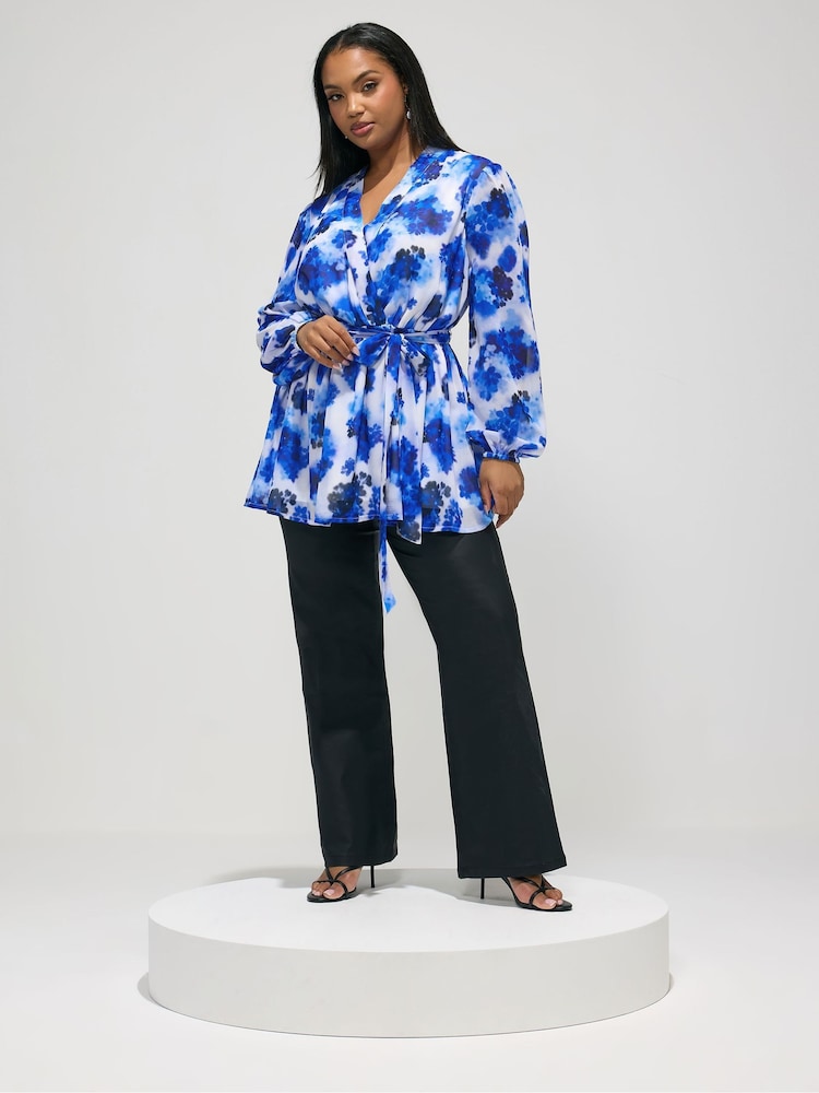 Yours Curve Blue London Floral Wrap Top - Image 2 of 5