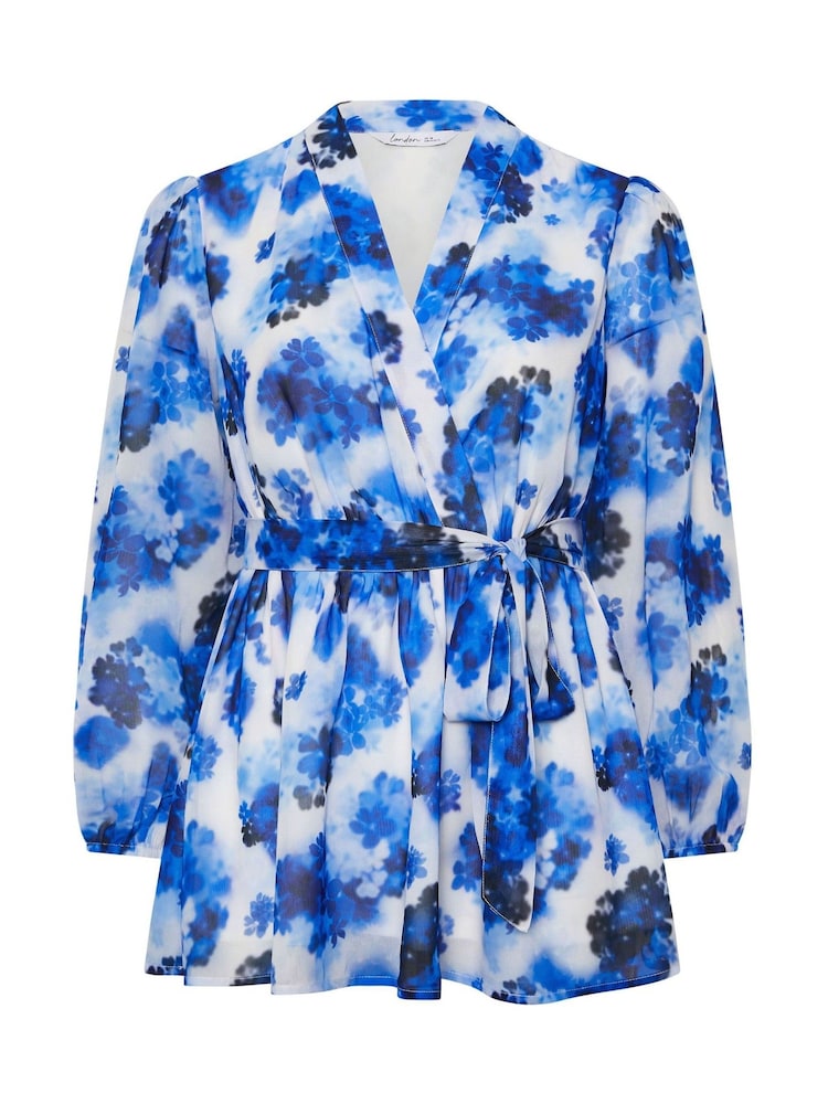 Yours Curve Blue London Floral Wrap Top - Image 5 of 5
