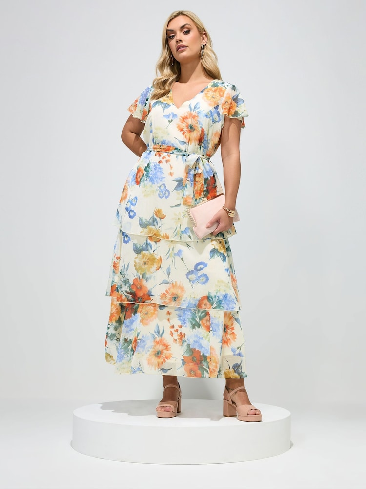 Yours Curve White London Tiered V-Neck Maxi Dress - Image 1 of 5