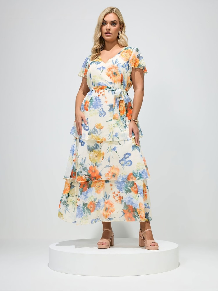 Yours Curve White London Tiered V-Neck Maxi Dress - Image 2 of 5