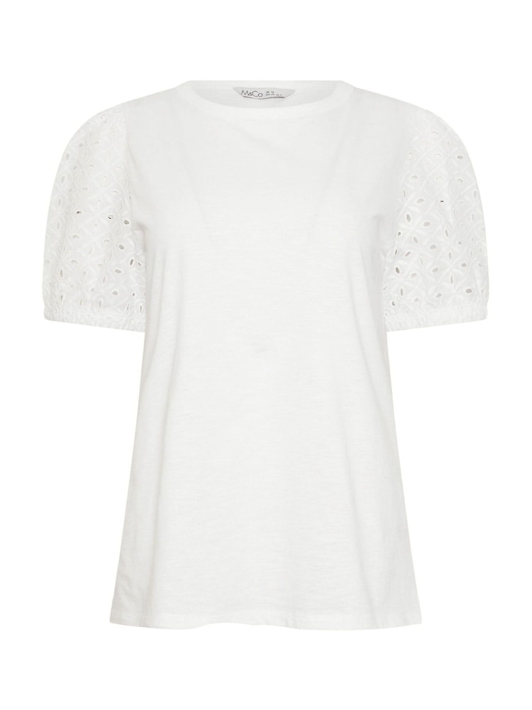M&Co White Broderie Puff Sleeve T-Shirt - Image 5 of 5
