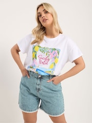 Yours Curve Blue Scallop Lace Edge Denim Shorts - Image 1 of 5