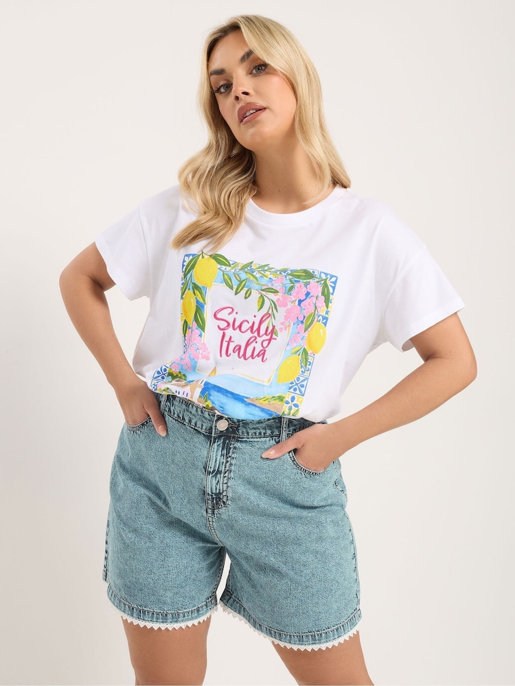 Yours Curve Blue Scallop Lace Edge Denim Shorts - Image 1 of 5 Yours Curve Blue Scallop Lace Edge Denim Shorts - Image 1 of 5