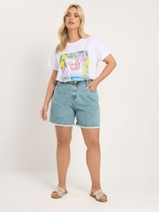 Yours Curve Blue Scallop Lace Edge Denim Shorts - Image 2 of 5