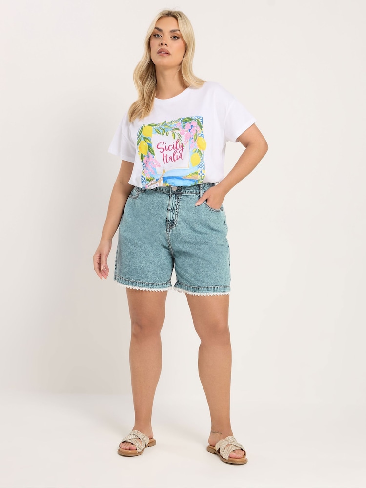 Yours Curve Blue Scallop Lace Edge Denim Shorts - Image 2 of 5 Yours Curve Blue Scallop Lace Edge Denim Shorts - Image 2 of 5