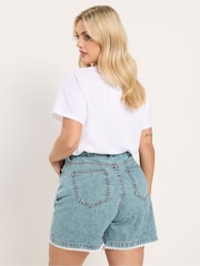 Yours Curve Blue Scallop Lace Edge Denim Shorts - Image 3 of 5