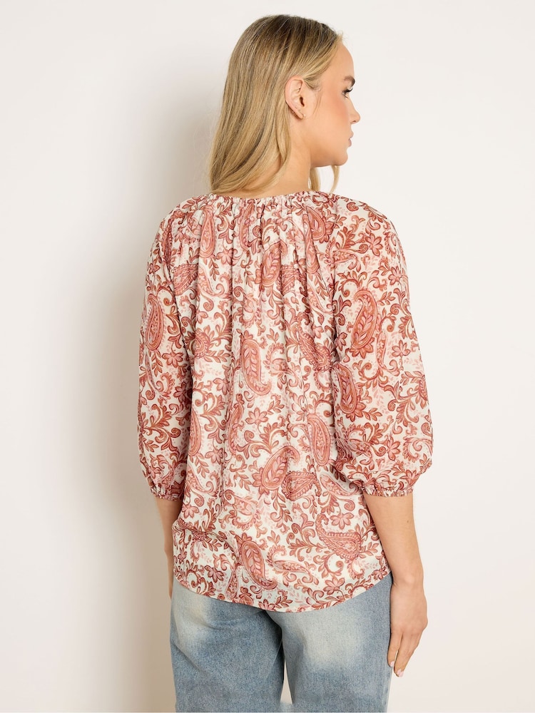 Long Tall Sally White Rust Paisley Chiffon Boho Blouse - Image 2 of 5