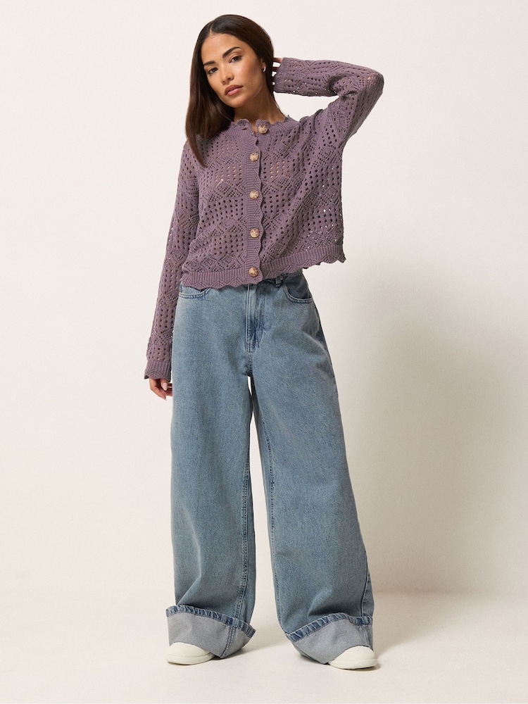 PixieGirl Petite Purple Button Crochet Cardigan - Image 2 of 5