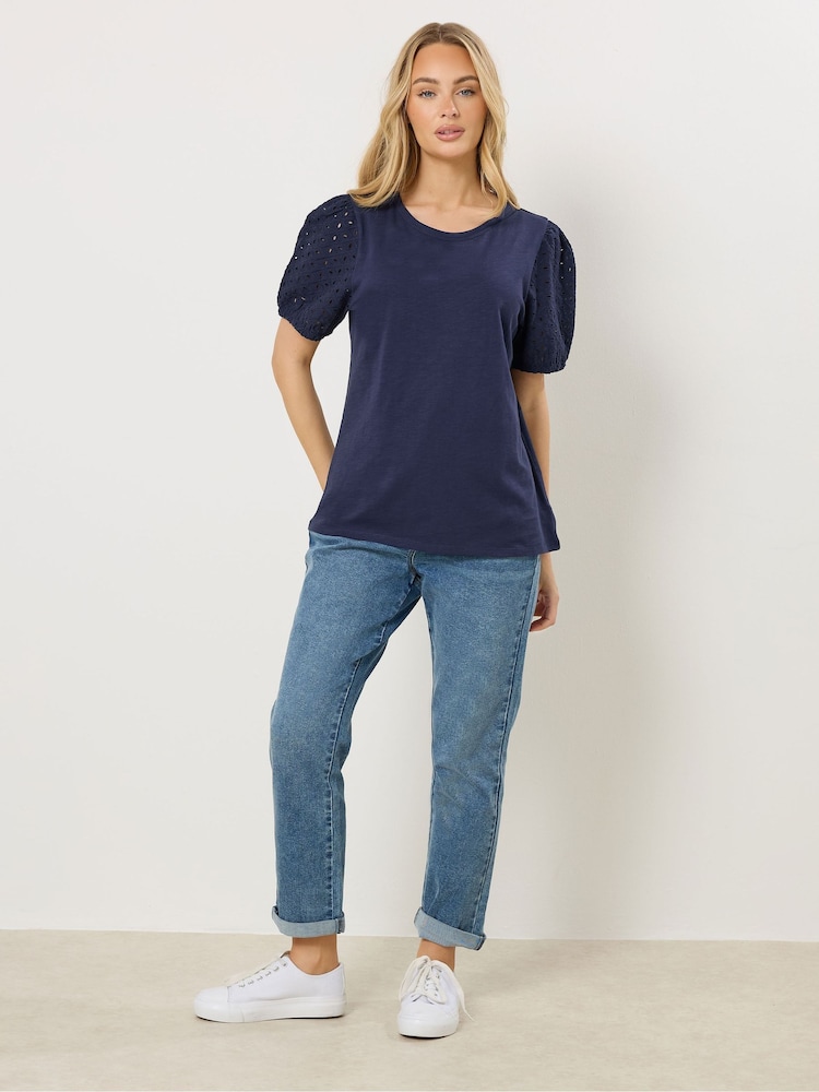 M&Co Blue Broderie Puff Sleeve T-Shirt - Image 2 of 5