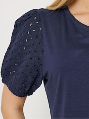M&Co Blue Broderie Puff Sleeve T-Shirt - Image 3 of 5
