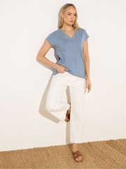 Long Blue Lace Insert Neck Top - Image 2 of 5