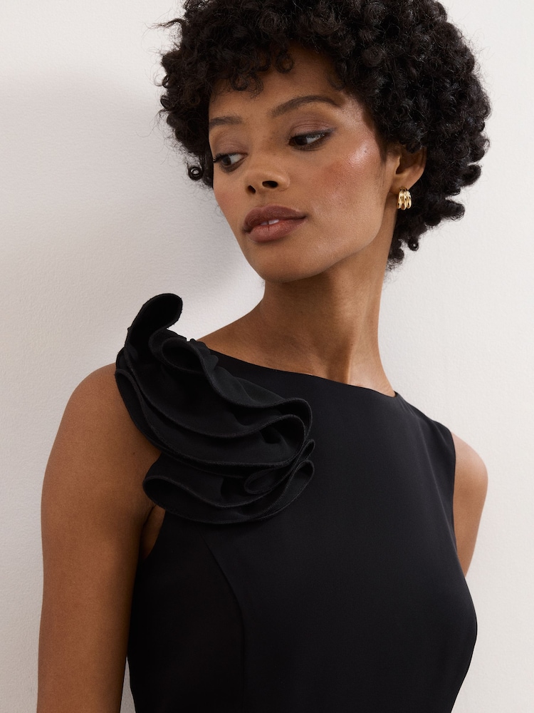 black satin dress petite Womens Friends Like These Black Petite Puff Sleeve Ruffle Hem Satin Midi Dress US 10