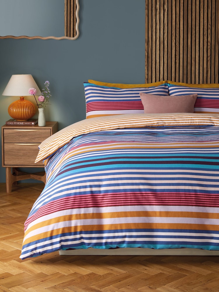 Multi Stripe Brushed 100% Cotton Reversibile Duvet Cover and Pillowcase Set - Image 1 of 5