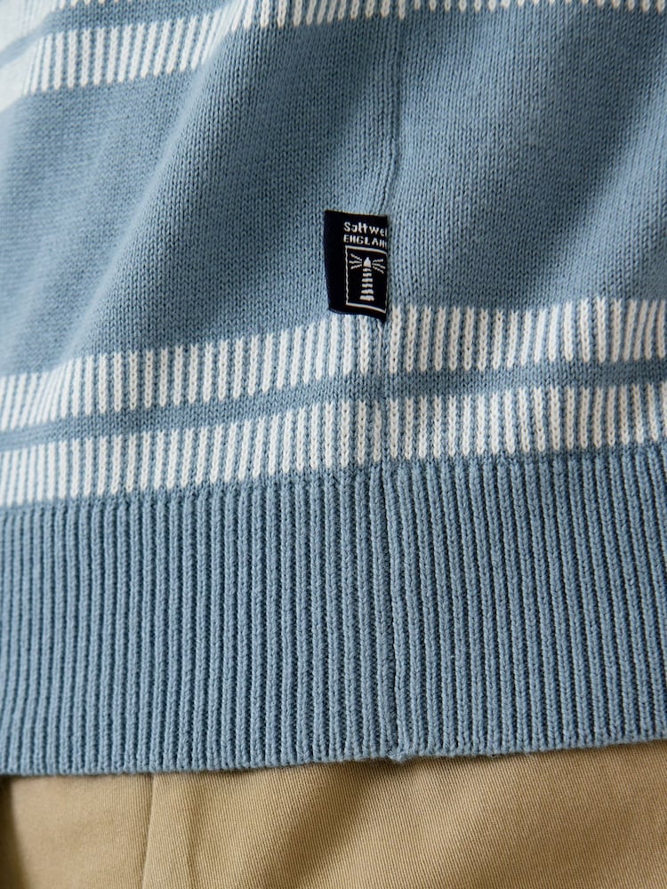 Saltwell Blue Jacquard Stripe Cotton Short Sleeve Polo Shirt - Image 6 of 6