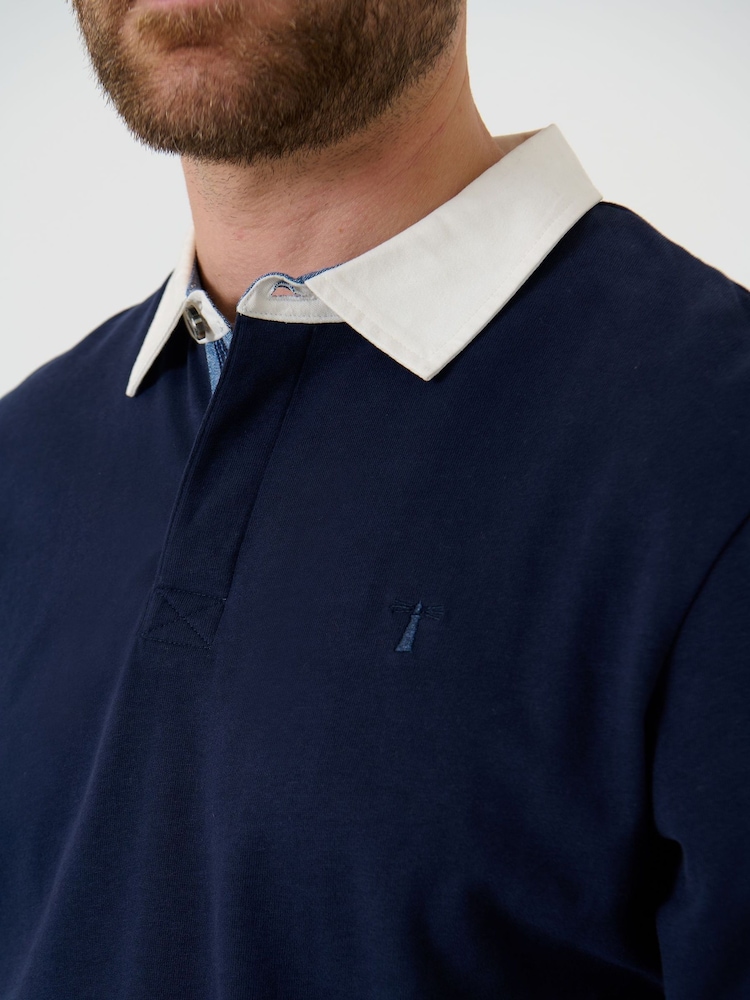 Asul - Saltwell Contrast Collar Cotton Long Sleeve Polo Shirt - Larawan 5 ng 5