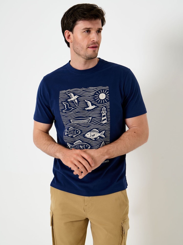 Saltwell Blue Echoes Of The Tide Print Cotton T-Shirt - Image 1 of 5 Saltwell Blue Echoes Of The Tide Print Cotton T-Shirt - Image 1 of 5