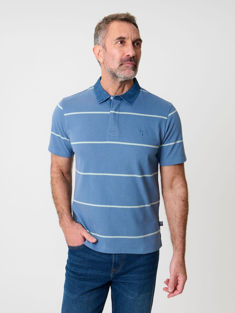 Saltwell Blue Stripe Short Sleeve Cotton Polo Shirt - Image 1 of 5