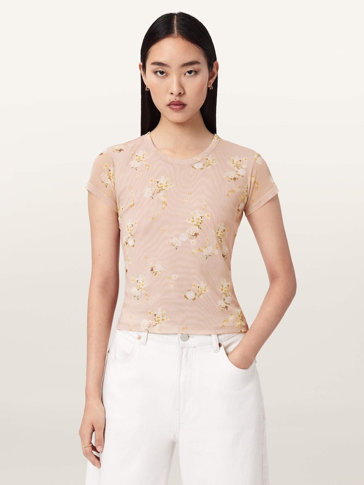 AllSaints Pink Ellie Mesh T-Shirt - Image 1 of 6 AllSaints Pink Ellie Mesh T-Shirt - Image 1 of 6