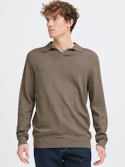 Casual Friday Brown CFBells Long Sleeve Knitted Polo Jumper - Image 1 of 5