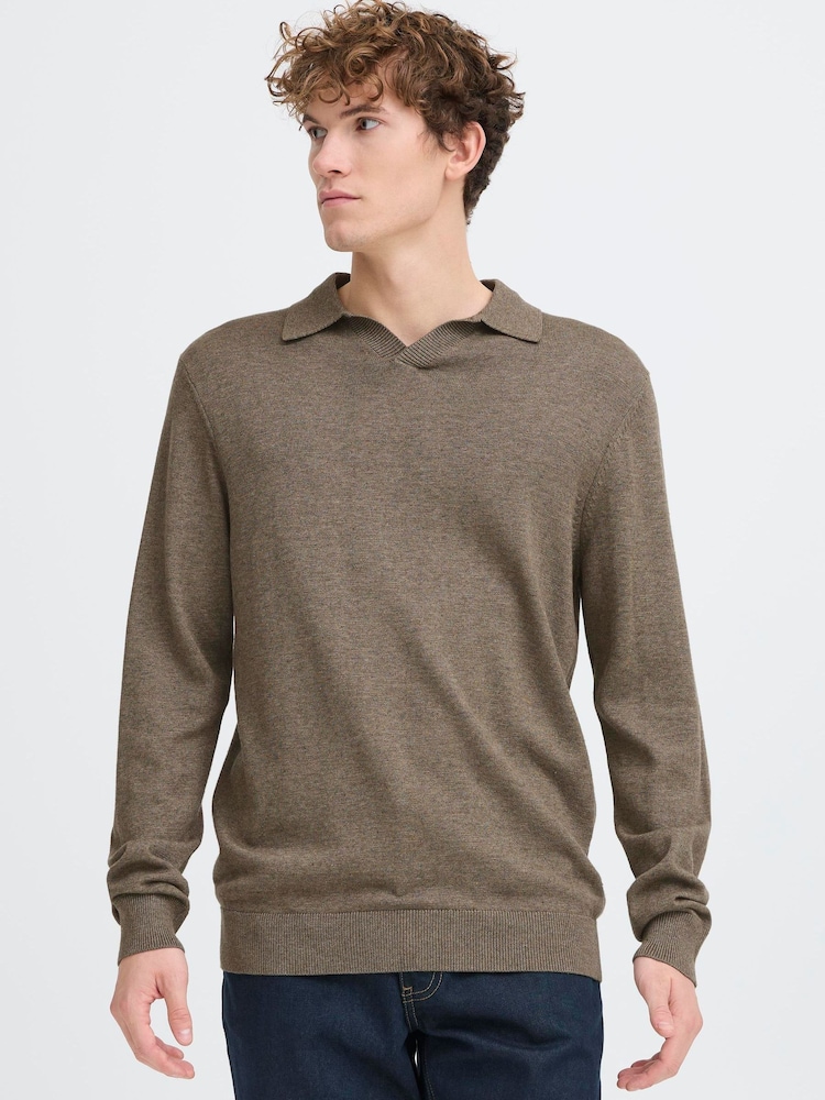 Casual Friday Brown CFBells Long Sleeve Knitted Polo Jumper - Image 1 of 5