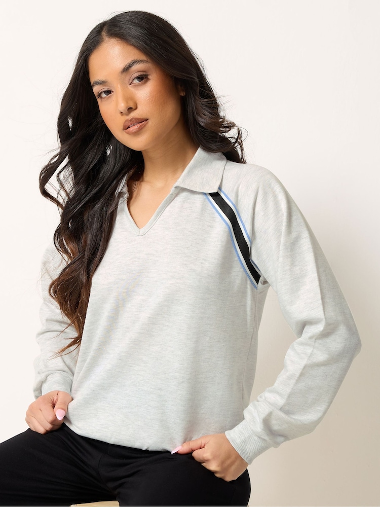 PixieGirl Petite Light  Grey Collar Stripe Sweatshirt - Image 1 of 5