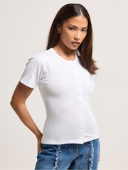 PixieGirl White Short Sleeve Ribbed Button Front Top - Image 1 of 5