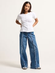 PixieGirl White Short Sleeve Ribbed Button Front Top - Image 2 of 5