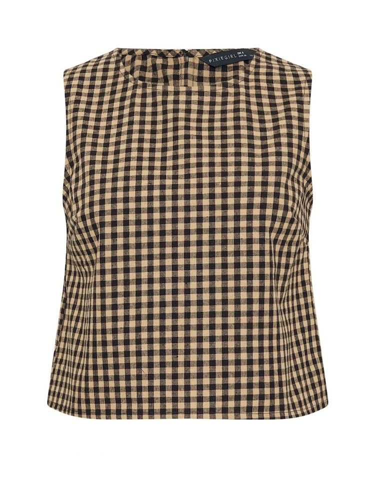 PixieGirl Petite Brown Gingham Sleeveless Shell Top - Image 2 of 2 PixieGirl Petite Brown Gingham Sleeveless Shell Top - Image 2 of 2