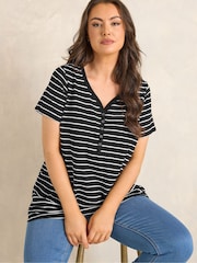 Evans Black Short Sleeve Cotton Henley Blouse - Image 1 of 6