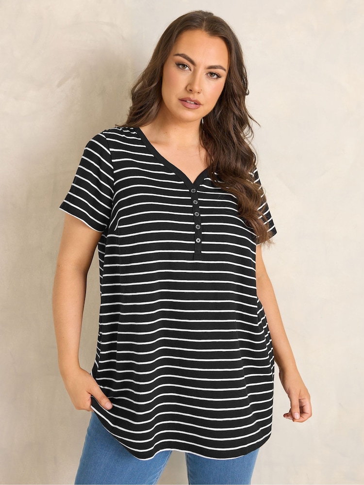 Evans Black Short Sleeve Cotton Henley Blouse - Image 2 of 6