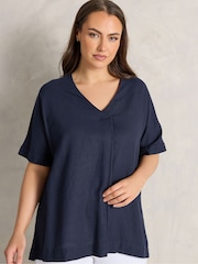 أزرق - قميص مطوي من الكتان الفاخر بكُم قصير من Evans - Image 1 of 5