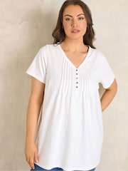 Evans White Short Sleeve Cotton Henley Blouse - Image 1 of 5
