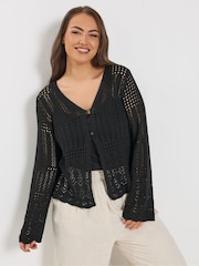 Yours Curve Black Pointelle Knitted Cardigan - Image 1 of 5