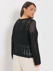 Yours Curve Black Pointelle Knitted Cardigan - Image 3 of 5